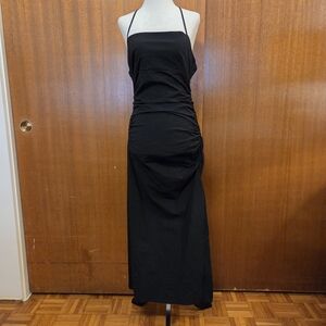 Zara Black Ruched Halter Maxi Dress with Back Ring Detail - Size Medium